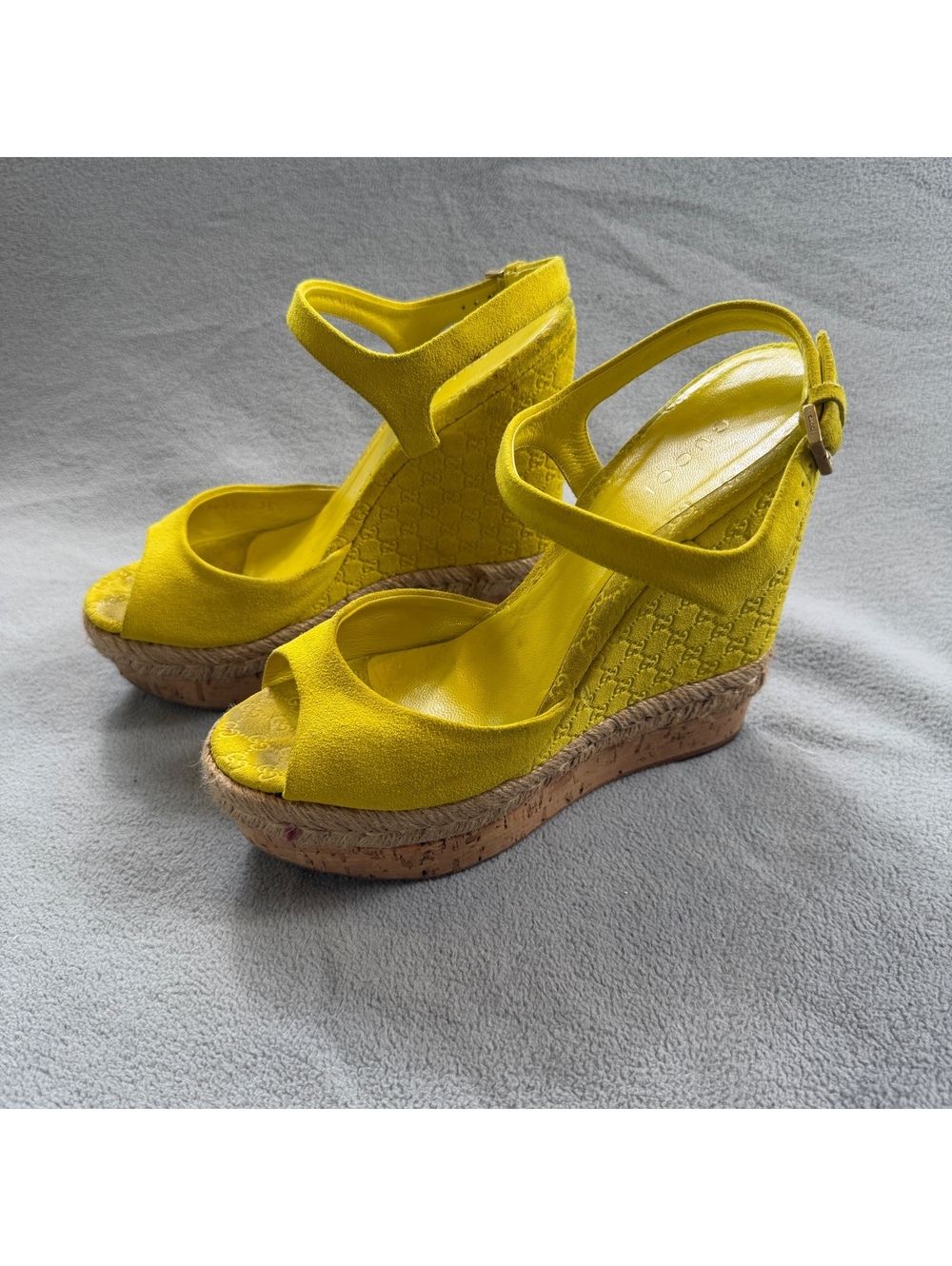 Gucci Microguccissima Yellow Suede Espadrille Platform Wedge Sandals 36.5
